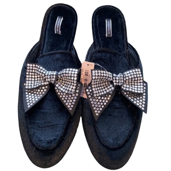 New Victorias Secret Black  Velvet Slippers With Rhinestones and Bow Size M 7/8 - Picture 1 of 11
